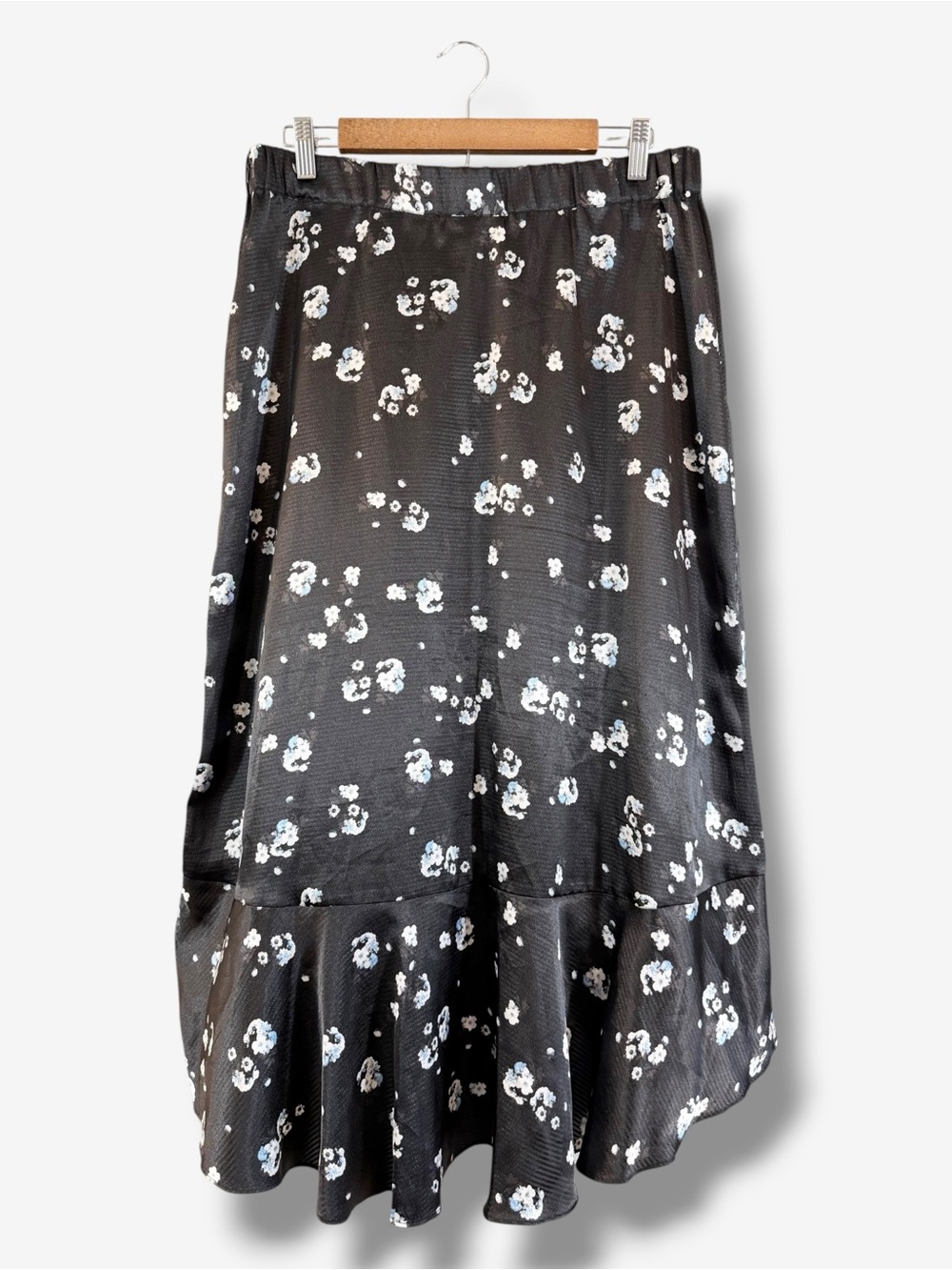 Alfani Black Satin Midi Skirt Size 12 Floral Print Hi Low Casual Modest Tiered - Picture 7 of 8